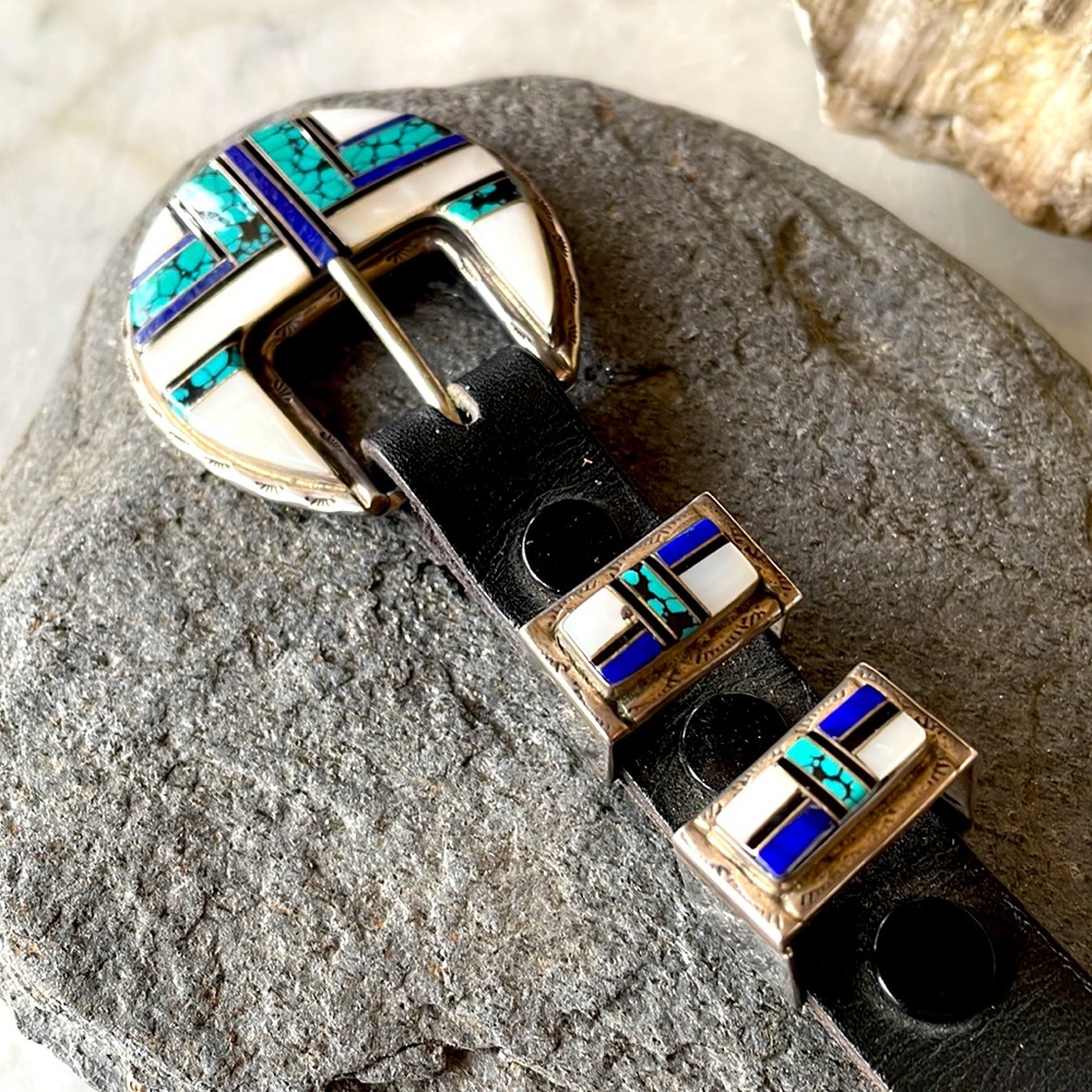 Vintage Navajo Native American Inlaid Ranger Belt Buckle Set - Picture 4 of 16